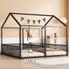 Kinder Hausbett Etagenbett 90x200 cm Schwarz Metall Zwillingsbett mit Geländer und Leiter für 2 Kinder Geschwisterbett Bild 3