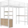 Hochbett, 90*200cm , Ohne Matratze, Bett mit Schreibtisch, Mit Steckdose und USB, Mehrere Regale, Offener Lagerschrank, Geländer, Leiter, Eisenrahmen, Weiß Bild 5