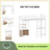 Hochbett, 90*200cm , Ohne Matratze, Bett mit Schreibtisch, Mit Steckdose und USB, Mehrere Regale, Offener Lagerschrank, Geländer, Leiter, Eisenrahmen, Weiß Bild 2