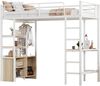 Hochbett, 90*200cm , Ohne Matratze, Bett mit Schreibtisch, Mit Steckdose und USB, Mehrere Regale, Offener Lagerschrank, Geländer, Leiter, Eisenrahmen, Weiß Bild 4