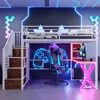 Hochbett mit Schreibtisch und LED-Beleuchtung, 140x200 cm, Treppe mit Regal und Kleiderschrank, Kinderbett mit Rausfallschutz, Metallbett Bild 2