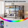 Eisenbett, Etagenbett, Hochbett 90*200, Geeignet für Kinder und Jugendliche Vielseitiges,Metall-Hochbett mit APP-gesteuerten LED-Lichtleisten Treppe mit Stauraum, offenem Kleiderschrank Schwarz Bild 5