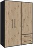 Forte MOKKARIS Kleiderschrank 140 150, moderner Drehtürenschrank, 3-türig, 2 Schubladen, Holzwerkstoff, Schwarz mit Artisan Eiche Holzdekor, 144,4 cm breit x 200,1 cm hoch x 58,8 cm tief Bild 3