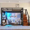 Hochbett mit RGB LED-Streifen, Lattenrost, Regal, Treppe und Rausfallschutz, 140x200cm, Metallbett, Jugendbett, Kinderbett Bild 2