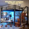 Hochbett mit RGB LED-Streifen, Lattenrost, Regal, Treppe und Rausfallschutz, 140x200cm, Metallbett, Jugendbett, Kinderbett Bild 4
