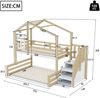 Etagenbett 90x200 cm (oben) / 140x200 (unten), Kiefernholz & MDF, Haus‑Design mit Fenster, Rundum‑Geländer und Treppen‑Stauraum, Natur Bild 4