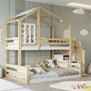 Etagenbett 90x200 cm (oben) / 140x200 (unten), Kiefernholz & MDF, Haus‑Design mit Fenster, Rundum‑Geländer und Treppen‑Stauraum, Natur Bild 3