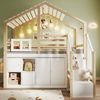 Bett 90x200 cm Hausform mit Stauraumleiter und Bettgitter – Weiß/Natur, platzsparendes Hochbett für Kinder Bild 3