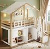 Bett 90x200 cm Hausform mit Stauraumleiter und Bettgitter – Weiß/Natur, platzsparendes Hochbett für Kinder Bild 4