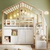 Bett 90x200 cm Hausform mit Stauraumleiter und Bettgitter – Weiß/Natur, platzsparendes Hochbett für Kinder Bild 3