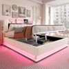Merax Doppelbett 180 x 200 cm Jugendbett Kinderbett, Polsterbett mit LED-Beleuchtung, USB- und hydraulischem Stauraum, weichem Samtbezug und Metallrahmen, Beige Bild 5