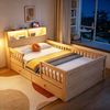 Merax Holzbett 90x190 cm, Kinderbett, Einzelbett, USB- und Tape-C-Kombi-Steckdose, kleine LED-Leuchte, Kopfteil mit Ablagefunktion, Multifunktionsbett, Kiefernholz, Holzfarbe Bild 3