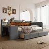 Stauraumbett mit Schreibtisch, Lattenrost, Regal, Schubladen, USB und Type-C Anschluss, 90x200 cm, Einzelbett, Polsterbett, Leinen Bild 3