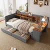 Stauraumbett mit Schreibtisch, Lattenrost, Regal, Schubladen, USB und Type-C Anschluss, 90x200 cm, Einzelbett, Polsterbett, Leinen Bild 2