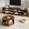 Merax Couchtisch und TV-Schrank Set, Rundcouchtisch mit geschwungenem TV-Schrank, umlaufende vertikale Reliefstruktur, Schiebetüren, MDF-Korpus, Metallgriffe, kugelförmige Metallfüße, vielseitiger Stauraum, Nussbaum Bild 2