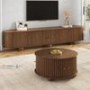 Merax Couchtisch und TV-Schrank Set, Rundcouchtisch mit geschwungenem TV-Schrank, umlaufende vertikale Reliefstruktur, Schiebetüren, MDF-Korpus, Metallgriffe, kugelförmige Metallfüße, vielseitiger Stauraum, Nussbaum Bild 3