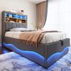 Merax Polsterbett, 90×200 cm Kinderbett, mit hydraulischem Stauraum, LED-Lichtband, USB-Ladeanschluss, Leinenpolsterung, Grau Bild 3