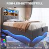 Merax Polsterbett, 90×200 cm Kinderbett, mit hydraulischem Stauraum, LED-Lichtband, USB-Ladeanschluss, Leinenpolsterung, Grau Bild 2