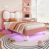 Polsterbett, Einzelbett, Kinderbett, Fliegeformiges Bettkopfteil, Farblich anpassbare LED-Lichtleiste unter dem Bett, stabiler Lattenrost, Samt, schönes Design, Beige + Rosa, 90x200cm Bild 5
