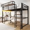 Merax Metall-Hochbett 90 x 200 cm, Kinderbett Mit Schreibtisch, Kreativem Aufbewahrungsnetz, Abnehmbarem Ablagekorb, LED-Beleuchtung und Steckdose, Mit Leiter und Sicherheitsgeländer, Schwarz Bild 2