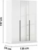 rauch Kleiderschrank Alba, Drehtürenschrank, Garderobenschrank, 3-türig, mit Spiegel, mit 2 Kleiderstangen und 2 Einlegeböden, Farbe Hochglanz Weiß/Weiß, Griffstange Grau metallic, Schwarz, 136x197x54cm Bild 4