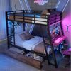 Flieks Etagenbett, LED Metallbett 90x200cm mit Rausfallschutz, Schreibtisch, Schubladen Bild 5