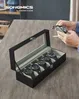 Songmics Uhrenbox für 6 Uhren, Uhrenkasten mit Glasdeckel, Uhrenkissen aus Samt, Uhrenkoffer mit Schloss, 11,2 x 30 x 8 cm, Geschenkidee, PU-Bezug in Schwarz, Samtfutter in Grau JWB06BK Bild 2