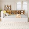 Schlafsofa 90*200, Ausziehbett 90*190, Ausgestattet mit LED Leuchten, Steckdosen und vielen Ablagefächern, Polsterbett, Multifunktionsschlafsofa, Einzelbett, Flanell, Beige. Bild 3