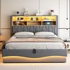 Polsterbett 180×200 mit hydraulischem Stauraum APP-gesteuertes LED-Lichtband USB-Ladeanschluss Metall-Lattenrost Leinenpolsterung Grau. Bild 2