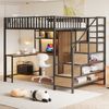 Metall-Hochbett 140 x 200 cm Mit Schreibtisch, Regal, Kleiderschrank und Schubladen, Mit Aufbewahrungsleiter und Sicherheitsgeländer, Komplett Mit Ladebuchse und LED-Beleuchtung, Schwarz Bild 3