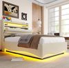 Polsterbett 90x200 cm mit LED, Hydraulik-Staufach, USB-/Typ-C-Anschlüssen und Ablage, Beige Bild 4
