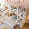 Merax Etagenbett 90x200cm Hochbett Holzbett Stockbett mit Ausziehbett, Kinderbett Hausbett mit Treppe und Schubladen, mit Rausfallschutz, Weiß + Natur Bild 2