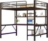 Hochbett 140x200 cm aus Metall und MDF mit Geländer, Trittleiter, 7‑Farben‑Ambientelicht, USB/Steckdose, Schreibtisch und Regal，Schwarz Bild 5