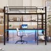 Hochbett 140x200 cm aus Metall und MDF mit Geländer, Trittleiter, 7‑Farben‑Ambientelicht, USB/Steckdose, Schreibtisch und Regal，Schwarz Bild 2