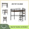 Merax Hochbett, 90*200cm , Ohne Matratze, Bett mit Schreibtisch, Regale, Geländer, Leiter, Eisenrahmen, Schwarz Bild 5