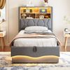 Polsterbett 90×200 cm aus Leinen-Stoff und Metall mit LED-Beleuchtung, USB-Anschluss und Stauraum, grau Bild 2