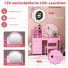 2 in 1 Kinder Schminktisch Set mit Hocker & LED-Lechten & Spiegel & Schublade Kosmetiktisch Rosa Bild 3