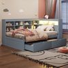 Merax Daybett Massivholzsofa 90*200 cm, Mit Ablagefächern, Bett mit USB- und Steckdose mit LED-Leiste, Mit Regalen und Ablagefächern, Viel Stauraum, Multifunktionales Einzelholzbett, Grau Bild 2