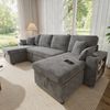 Merax U‑förmiges Ecksofa mit Schlaffunktion, ausziehbares Schlafsofa, integrierter Stauraum, doppelte Chaiselongue mit verstecktem Stauraum, Becherhalter, USB‑Ladeanschluss und Armlehnen‑Ablage, Grau Bild 3