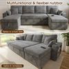 Merax U‑förmiges Ecksofa mit Schlaffunktion, ausziehbares Schlafsofa, integrierter Stauraum, doppelte Chaiselongue mit verstecktem Stauraum, Becherhalter, USB‑Ladeanschluss und Armlehnen‑Ablage, Grau Bild 5