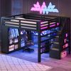 Merax Kinderbett, 140x200 cm Gaming-Hochbett aus Metall mit LED-Beleuchtung, USB, Schreibtisch, offenem Kleiderschrank, Treppe und Staufächern, Schwarz Bild 3
