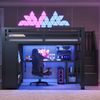 Merax Kinderbett, 140x200 cm Gaming-Hochbett aus Metall mit LED-Beleuchtung, USB, Schreibtisch, offenem Kleiderschrank, Treppe und Staufächern, Schwarz Bild 2