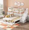 Ausziehbett 90/180×200 cm mit Schubladen und Treppe, Kiefernholz, Weiß – platzsparendes Etagenbett Bild 2