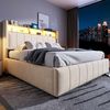 Polsterbett 160*200cm mit LED-Beleuchtung und USB-Steckdose, Kopfteil mit Einlegeböden und Stauraum, Mit Hydraulik für die Lagerung, Erwachsenenbett Doppelt, Leinenstoff Beige Bild 3
