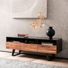Lowboard Akazie Massivholz 140 x 50 x 40 cm Baumkante TV-Kommode Schwarz, Design TV-Schrank Hoch mit Schublade, Fernsehtisch Fernsehschrank Modern mit Türen, Fernsehkommode Wohnzimmer Bild 2