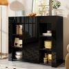 Modernes Schwarzes Buffet mit Hochglanz-Front – Kompakte, stilvolle Aufbewahrungslösung mit Glasregalen und Schranktür für Wohnzimmer, Esszimmer oder Küche – 95x35x83 cm Bild 3