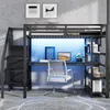 Hochbett mit Schreibtisch, LED-Streifen, Kleiderschrank, Regal, Treppe, Steckdose, USB, Rausfallschutz, 140x200cm, Kinderbett, Metallbett Bild 2