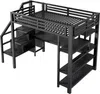 Hochbett mit Schreibtisch, LED-Streifen, Kleiderschrank, Regal, Treppe, Steckdose, USB, Rausfallschutz, 140x200cm, Kinderbett, Metallbett Bild 5