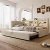 Stauraumbett mit Lattenrost, Regal, USB und Type-C Anschluss, 90x200cm/180x200cm, Liegefläche erweiterbar, Einzelbett, Polsterbett, Leinen Bild 3