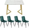 Esstisch-Set mit 4 Stühlen, MDF-Tisch in Marmoroptik & Samtstühle, Grün/Gold Bild 2